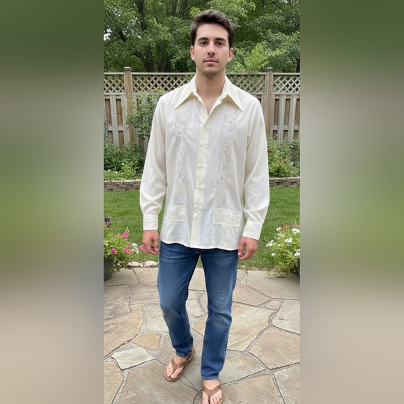 🧨Vintage Ivory Double Red Horse Long Sleeve Embroidered Shirt Eclectic Grandpa - Picture 10 of 10